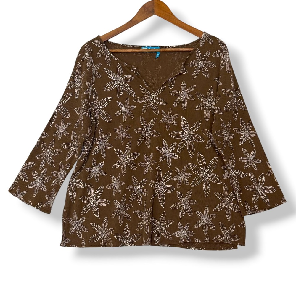 Fresh Produce Blouse L Brown Floral Embroidered 100% Cotton Gauze India Coastal